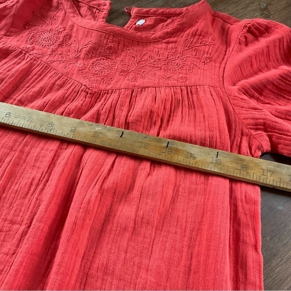 H&M Dress Tomato Red Embroidered Smock Orange Red Balloon Sleeve Boho - Picture 7 of 8